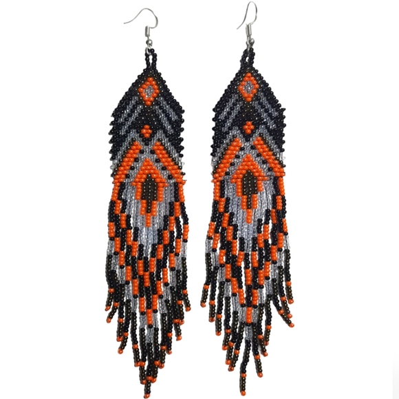 Long Orange Black Beaded Tassel Statement Earrings Boho Fringe Bohemian Tassels - Picture 1 of 6